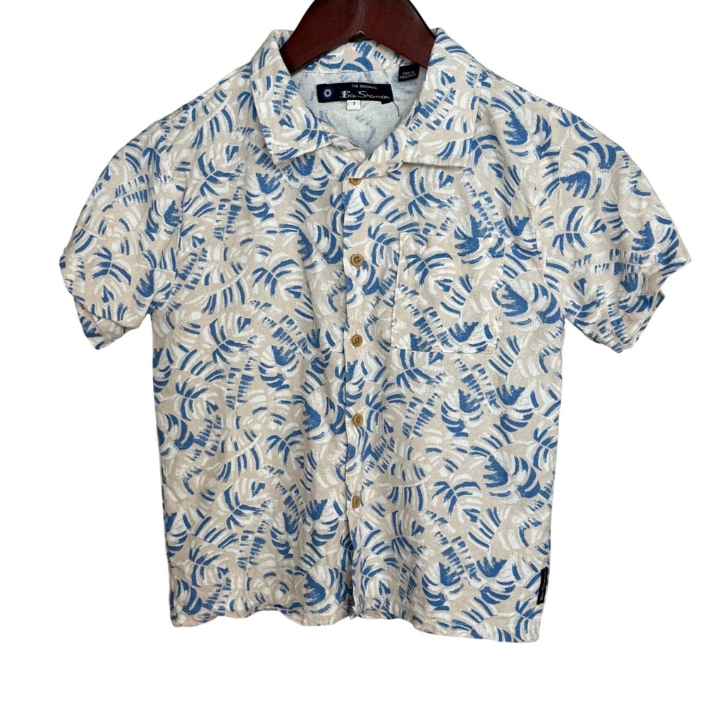 Ben Sherman Button Down Boys 7 Blue Linen Blend‎ Tropical Leaf Print Shirt